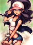  1girl bare_shoulders black_hair blue_eyes breasts curvy cutoffs denim denim_shorts erect_nipples fumio_(rsqkr) hat hat_tip humio jacket pokemon pokemon_(game) pokemon_black_and_white pokemon_bw shirt short_hair shorts solo touko_(pokemon) 