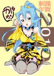  1girl 2010 bad_id blue_eyes blue_hair breasts cat_pose choker cleavage gao gym_leader ibuki_(pokemon) japanese_clothes kimono kneeling legs long_hair new_year paw_pose pokemon pokemon_(game) pokemon_gsc solo thigh-highs thighhighs thighs toru_k 