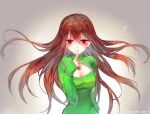  1girl 2010s 2016 2d 2d_(artwork) aged_up alternate_hair_length artist_name breasts brown_hair chara chara_(undertale) cleavage clothing dayuh deviantart digital_media_(artwork) female_chara female_human finger_to_mouth gradient_background green_clothing green_sweater green_topwear human human_only long_hair looking_at_viewer simple_background solo_human striped_clothing sweater topwear tumblr_username undertale undertale_(series) video_game_character video_games 