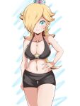  1girl alluring bangs black_shorts black_top blonde_hair blue_eyes crown grin hair_covering_eye mario_(series) nintendo princess_rosalina rosalina silver_crown sports_bra star_accessory yassrosalina 