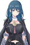  1girl absurd_res alluring armlet big_breasts blue_eyes bodice breasts bustier byleth_(fire_emblem) byleth_(fire_emblem)_(female) cape clothing_cutout fire_emblem fire_emblem:_three_houses high_res latte light_green_hair navel_cutout nintendo ribbon_braid tassel teal_hair turtleneck vambraces 