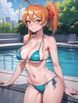  1girl 1girl 1girl ai_generated big_breasts big_breasts big_breasts bikini cleavage curvy female_only hair_ribbon highschool_of_the_dead legs looking_at_viewer navel orange_hair ponytail pool rei_miyamoto smile thighs water 