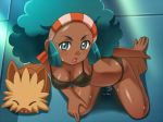  1girl afro aloe_(pokemon) ass awa barefoot big_breasts black_bra black_panties blush bra breasts cleavage creatures_(company) dark-skinned_female dark_skin from_above game_freak green_eyes green_hair gym_leader hairband humans_of_pokemon kneeling lace-trimmed_bra lace-trimmed_panties lenora_(pokemon) lillipup lingerie lipstick makeup nintendo panties payot pokemon pokemon_(anime) pokemon_(game) pokemon_black_2_&amp;_white_2 pokemon_black_and_white pokemon_bw pokemon_bw2 porkyman pussy_juice pussy_juice_puddle sidelocks sweat underwear 