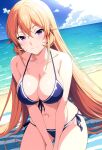  1girl accurate_art_style alluring bare_legs beach big_breasts bikini blue_sky cleavage mastabayter nakiri_erina ocean purple_eyes shokugeki_no_souma strawberry_blonde_hair 