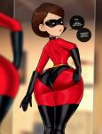 1girl ass big_ass brown_hair bubble_ass bubble_butt canonical_scene cartoon_milf clothed_female dialogue elastigirl elastigirl_ass_redraw female_focus female_only hazel_eyes helen's_ass_check helen_parr long_gloves loodncrood looking_at_self looking_back looking_in_mirror mask mature mature_female milf mirror mirror_reflection pixar pout reflection sexy sexy_ass solo_female solo_focus tagme the_incredibles thick_ass thick_thighs thigh_boots thigh_high_boots unhappy_female