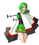  1girl bangs black_eyes blunt_bangs breasts cleavage costume emukon gijinka green_hair hair_ornament humanized japanese_clothes kimono long_sleeves moemon obi pokemon short_hair simple_background solo white_background xatu 