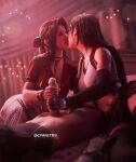  1_boy 2_girls 3d aerith_gainsborough black_hair brown_hair cloud_strife cyanitro final_fantasy handjob kissing tifa_lockhart yuri 