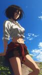 1girl 1girl black_hair medium_hair mikasa_ackerman miniskirt shingeki_no_kyojin short_hair skirt