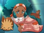  1girl afro aloe_(pokemon) apron awa big_breasts breasts creatures_(company) dark-skinned_female dark_skin from_above game_freak green_eyes green_hair gym_leader hairband humans_of_pokemon kneeling lenora_(pokemon) lillipup nintendo pants payot pokemon pokemon_(anime) pokemon_(game) pokemon_black_2_&amp;_white_2 pokemon_black_and_white pokemon_bw pokemon_bw2 porkyman short_sleeves sidelocks smile 