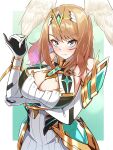  1girl absurd_res alluring big_breasts blue_eyes chest_jewel cleavage_cutout clothing_cutout cosplay dress eunie_(xenoblade) fiery_hair head_wings headpiece high_res microdress mythra_(cosplay) nintendo tiara timosan white_wings wings xenoblade_(series) xenoblade_chronicles_2 xenoblade_chronicles_3 