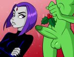  1boy 1girl beast_boy bold-n-brash cartoon_network christmas dc_comics dcau green_skin grey_skin mistletoe navel older older_female older_male open_eyes open_mouth purple_eyes purple_hair raven_(dc) red_background teen_titans young_adult young_adult_female young_adult_male young_adult_woman 