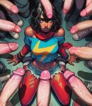  1girl ai_edit ai_generated armwear bracelets brown_eyes brown_hair brown_skin crop_top dark-skinned_female hot_pants interracial kamala_khan leggings light-skinned_male looking_at_penis marvel marvel_comics midriff ms._marvel multiple_boys multiple_penises muslim_female older older_female pakistani_female scarf short_hair short_shorts superheroine surrounded surrounded_by_penises young_adult young_adult_female young_adult_woman 