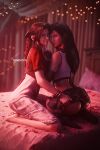  2_girls 3d aerith_gainsborough bedroom black_hair brown_hair cyanitro final_fantasy naughty_face tifa_lockhart 