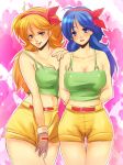 1girl arms_behind_back belt blonde_hair blue_hair breasts cleavage dragon_ball dragon_ball_z dual_persona female gloves hairband highres launch lips long_hair lunch_(dragon_ball) midriff miura_hajime navel shorts smile