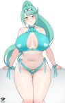  1girl absurd_res alluring alternate_costume big_breasts breasts green_eyes green_hair high_res kaos_art nintendo pneuma_(xenoblade) simple_background swimsuit white_background xenoblade_(series) xenoblade_chronicles_2 