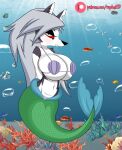  1girl 2022 anthro big_breasts black_body black_fur bra breasts canid canid_demon canine clothing cosplay crossover crossover_cosplay demon disney female fur grey_hair hair hellhound helluva_boss high_res huge_breasts looking_at_viewer loona_(helluva_boss) mammal marine merfolk mermaid mermaid_tail mythological_canine mythological_creature mythology navel notched_ear ocean princess_ariel princess_ariel_(cosplay) raydonxd red_sclera sea seashell_bra solo split_form text the_little_mermaid underwater underwear url vivienne_medrano water white_body white_eyes white_fur 