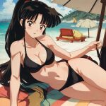 1girl accurate_art_style alluring beach beach_towel beach_umbrella big_breasts bikini black_bikini black_hair brown_eyes cleavage inuyasha long_hair ocean sango thigh_gap zengai