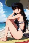  1girl accurate_art_style alluring bare_legs beach bikini black_hair blue_sky breasts inuyasha kagome_higurashi ocean on_towel one-piece_bikini swimsuit zengai 