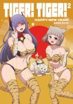  2_girls 2boys :d ;d absurd_res android animal_ears animal_print big_breasts bikini blush cat_ears chest_jewel chinese_zodiac cleavage dromarch_(xenoblade) elbow_gloves fang feet_out_of_frame gloves happy_new_year high_res joints long_hair midriff multiple_boys multiple_girls new_year nia nia_(xenoblade) nopon one_eye_closed open_mouth ponponmaru poppi_(xenoblade) poppi_qtpi_(xenoblade) purple_eyes robot_ears robot_joints short_hair skin_fang small_breasts smile spoilers stockings swimsuit tail tiger tiger_print tiger_stripes tiger_tail tora_(xenoblade_2) xenoblade_(series) xenoblade_chronicles_2 year_of_the_tiger 