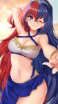 1girl 1girl 1girl alear_(female)_(fire_emblem) alear_(fire_emblem) alluring arm_up bare_arms bare_shoulders big_breasts bikini blue_hair breasts cleavage commentary_request cowboy_shot criss-cross_halter edamameoka female_only fire_emblem fire_emblem_engage halterneck high_res long_hair multicolored_hair navel nintendo official_alternate_costume red_hair sarong split-color_hair standing stomach streaked_hair swimsuit very_long_hair