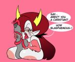  1boy 1girl 1girl areola big_breasts big_breasts big_penis blush breasts dialogue eyebrows eyelashes hekapoo horns large_penis long_hair long_tongue male orange_eyes paizuri partial_male penis pixelzsinful red_hair star_vs_the_forces_of_evil text text_bubble tongue tongue_out tonguejob white_body white_skin 