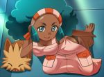 1girl afro aloe_(pokemon) apron ass awa barefoot big_breasts black_panties bra_strap breasts cleavage cleavage_reach creatures_(company) dark-skinned_female dark_skin from_above game_freak green_eyes green_hair gym_leader hairband humans_of_pokemon kneeling lace-trimmed_panties lenora_(pokemon) lillipup naked_apron nearly_naked_apron nintendo panties payot pokemon pokemon_(anime) pokemon_(game) pokemon_black_2_&_white_2 pokemon_black_and_white pokemon_bw pokemon_bw2 porkyman sidelocks underwear