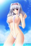 1girl alluring areola_slip areolae big_breasts blush cloud female hair_intakes hairband idolmaster long_hair nak_yama navel red_eyes shijou_takane silver_hair sky sling_bikini smile solo swimsuit voluptuous