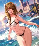 1girl alluring alternate_costume artist_name ass_visible_through_thighs bare_arms bare_thighs beach big_breasts bikini black_bikini blue_sky blurry blurry_background braid braided_ponytail breasts brown_hair castle cleavage esther-shen esther_shen female_only fire_emblem fire_emblem_engage goldmary_(fire_emblem) grin hair_over_shoulder hair_ribbon lips long_hair looking_at_viewer medium_breasts navel nintendo ocean outside pink_lips ribbon side_ponytail sideboob sky smile stomach sunlight sunset swimsuit teeth thighs two-tone_bikini veil water white_bikini white_ribbon white_swimsuit yellow_eyes