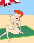  1girl 1girl 2024_post beach_towel beach_umbrella breasts breasts cartoon_network closed_eyes closed_mouth dexter&#039;s_laboratory dexter&#039;s_mom earrings edit eyebrows eyelashes feet female_only mrbiteo navel nipples nude nude_beach nude_female orange_hair pink_nipples red_lipstick sexy sitting toes umbrella 