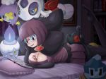  1girl bed between_breasts book breasts cleavage drifloon elite_four feet froslass glasses golett head_on_butt jellicent litwick lying nose_bubble oekaki on_stomach pantyhose pen pleated_skirt pokemoa pokemon pokemon_(game) pokemon_black_and_white pokemon_bw purple_hair purple_skirt reading saliva shikimi_(pokemon) skirt sleeping soara soles toes yamask 