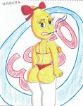  1girl 2019 ass ass big_ass bikini bowtie cigarette esso_girl eyebrows eyelashes lipstick logorama looking_at_viewer mascots red_bow red_panties sideboob smoking white_legwear yellow_lingerie yellow_skin 