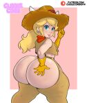 1girl 1girl 1girl 2024 absurd_res artist_name ass ass_focus ass_grab ass_out back back_view backboob big_ass blonde_hair blue_eyes bottom_heavy breasts bubble_butt casual casual_nudity chaps clothed clothed_female clothes clothing cowboy_hat cowgirl_peach crop_top cuddlecore ear_piercing earrings eyelashes female_only from_behind fully_clothed gloves grabbing_own_ass grin hair handwear hat headwear high_res horned_headwear huge_ass human insanely_hot large_ass light-skinned_female light_skin lipstick long_hair looking_at_viewer looking_back looking_back_at_viewer mario_(series) nintendo no_underwear patreon_username piercing pink_background pink_lipstick ponytail pose posing princess_peach princess_peach:_showtime! rear_view seductive seductive_smile sexy sexy_ass sexy_body shirt signature simple_background small_breasts smelly_ass smile smiling_at_viewer standing teasing thick_thighs thighs three-quarter_portrait url wide_hips