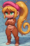  1girl ai_generated anthro arms_crossed beret blonde_hair brown_fur cleft_of_venus dixie_kong donkey_kong_(series) donkey_kong_country female_focus furry furry_female green_eyes monkey_girl nintendo nipples ponytail pussy rareware small_breasts 