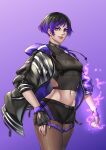 1girl 1girl 1girl alluring black_clothing black_hair choker electricity fingerless_gloves gloves gradient_hair grin jacket leggings midriff namco purple_clothing purple_eyes purple_hair reina_(tekken) short_hair shorts smile solo_female tekken tekken_8 treartz unzipped_jacket