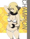  bee-j1 bikini blonde_hair breasts cameltoe cleavage erect_nipples hair_ornament hair_over_one_eye highres long_hair makoto_daikichi micro_bikini pokemon pokemon_(game) pokemon_black_and_white pokemon_bw red_eyes ringed_eyes shirona_(pokemon) smile swimsuit 