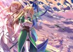 2girls asuna_(sao) asuna_(sao-alo) blonde_hair braid breasts brown_eyes brown_hair cleavage cloud dress elf female floating_island green_eyes leafa long_hair looking_at_viewer multiple_girls pointy_ears ponytail sky smile sword_art_online titania_(sao) twin_braids uehara_yukihiko wings