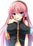 1girl bare_shoulders blue_eyes female finger_to_mouth impossible_clothes kitsune_neko_(koneko) koneko_(nonnkimono) long_hair megurine_luka navel pink_hair solo vocaloid