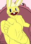  1boy 5_toes anthro bunny chair crossed_legs cuddles cuddles_(htf) cute_feet cyborg-steve edit feet foot foot_fetish foot_focus happy_tree_friends head_on_hand lagomorph leporid male mammal mondo_media rabbit sexy_feet sitting smile soles yellow_fur 