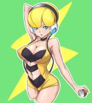 1girl 64_(xfour) armpits bad_id bare_shoulders blonde_hair blue_eyes breasts choker cleavage curvy erect_nipples green_background gym_leader hairband holding holding_poke_ball kamitsure_(pokemon) large_breasts navel nintendo no_legwear no_pants poke_ball pokemon pokemon_(game) pokemon_black_and_white pokemon_bw short_hair simple_background solo ultra_ball