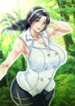 1girl alluring big_breasts black_hair breasts cleavage curvaceous curvy curvy_body curvy_female curvy_figure forest kazama_jun mifune_seijirou milf namco pants shirt tekken tekken_2 tekken_8 tekken_tag_tournament tekken_tag_tournament_2 voluptuous