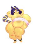 1girl 1girl 3_toes animal_crossing ankha_(animal_crossing) anklet anthro areola areola_slip bandage bandaged_breasts bangs big_breasts biped black_eyes blue_hair blush bottomless breasts breasts_bigger_than_head breasts_bigger_than_torso bulumble-bee bursting_breasts curvy curvy_figure digital_media_(artwork) domestic_cat egyptian eyelashes feet felid feline felis furry genitals gigantic_breasts hair half-closed_eyes hands_behind_head huge_ass huge_breasts hyper hyper_ass hyper_breasts looking_away mammal narrowed_eyes nintendo nipples noseless pussy shortstack shy simple_background slightly_chubby striped tail thick_thighs toes uraeus voluptuous white_background wide_hips yellow_fur