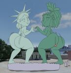  2_girls ass bikini helmet looking_at_viewer short_hair smile statue_of_freedom statue_of_liberty tansau twerking 