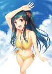  1girl :d arm_up bare_shoulders bikini breasts brown_eyes cleavage cloud collarbone female flower front-tie_top green_hair hair_flower hair_ornament kichiroku large_breasts long_hair navel open_mouth original ponytail side-tie_bikini sky smile solo swimsuit yellow_bikini 