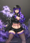 1girl 1girl alluring athletic athletic_female black_and_purple_hair female_abs female_only fingerless_gloves fit_female jacket lightning namco reina_(tekken) shorts tank_top tekken tekken_8 treartz