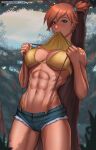  1girl 1girl 1girl abs alluring asymmetrical_hair athletic_female biceps blush breasts clothing crop_top denim denim_shorts female_abs female_only fit_female fluffydus game_freak gen_1_pokemon green_eyes hair_tie high_resolution nintendo orange_hair pokemon pokemon_(anime) pokemon_(classic_anime) pokemon_(game) pokemon_rgby ponytail scrunchie shirt short_hair short_ponytail short_shorts shorts side_ponytail straight_hair suspender_shorts suspenders tank_top thighs thong tied_hair very_high_resolution yellow_shirt 