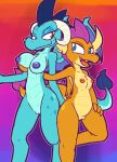 2_girls breasts dragon friendship_is_magic horns my_little_pony nipples nude open_mouth princess_ember_(mlp) pussy smile smolder_(mlp) tail wings