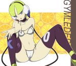 bee-j1 bikini black_legwear black_thighhighs blonde_hair blue_eyes breasts cameltoe cleavage erect_nipples gym_leader headphones kamitsure_(pokemon) makoto_daikichi navel open_mouth pokemon pokemon_(game) pokemon_black_and_white pokemon_bw short_hair sitting swimsuit thighhighs