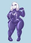  1girl 2018 2d 2d_(artwork) acstlu anthro anthro_only belly big_breasts blue_background blue_eyes bodysuit boss_monster breasts caprine chubby chubby_anthro chubby_female clothed clothed_female clothing curvaceous curvy delta_rune_(emblem) digital_media_(artwork) eyelashes fangs female_anthro female_only floppy_ears full_body_suit fur furry furry_female furry_only goat goat_ears goat_girl goat_horns hand_on_own_thigh hand_on_thigh horns mammal mature mature_anthro mature_female milf monster monster_girl navel_line nipple_bulge purple_clothing simple_background skin_fang skin_fangs smiling solid_color_background solo_anthro solo_female standing tail tail_tuft thick_thighs thighs toriel undertale undertale_(series) video_game_milf video_games voluptuous voluptuous_female white_body white_fur wide_hips wink 