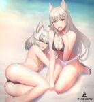 1girl 2_girls alluring ass bikini breasts cat_ears cat_girl core_crystal fangs female_only grey_hair medium_breasts mio_(xenoblade) mother_&_daughter nia_(xenoblade) nintendo small_breasts swimsuit thighs xenoblade_(series) xenoblade_chronicles_3 yellow_eyes zambonito