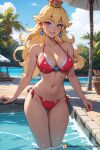 1girl ai_generated beautiful big_breasts bikini blonde_hair blue_eyes crown donben female_only long_hair looking_at_viewer mario_(series) patreon patreon_username pool princess_peach self_upload super_mario_bros. swimsuit swimwear water